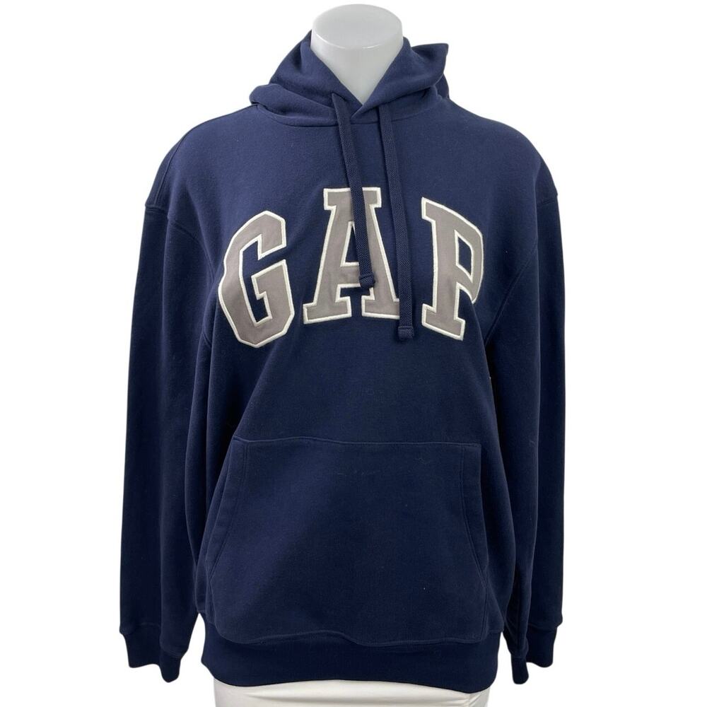 NEW Gap Women's Navy Blue Gray Logo Embroidered Hoodie Hooded Sweatshirt Size S